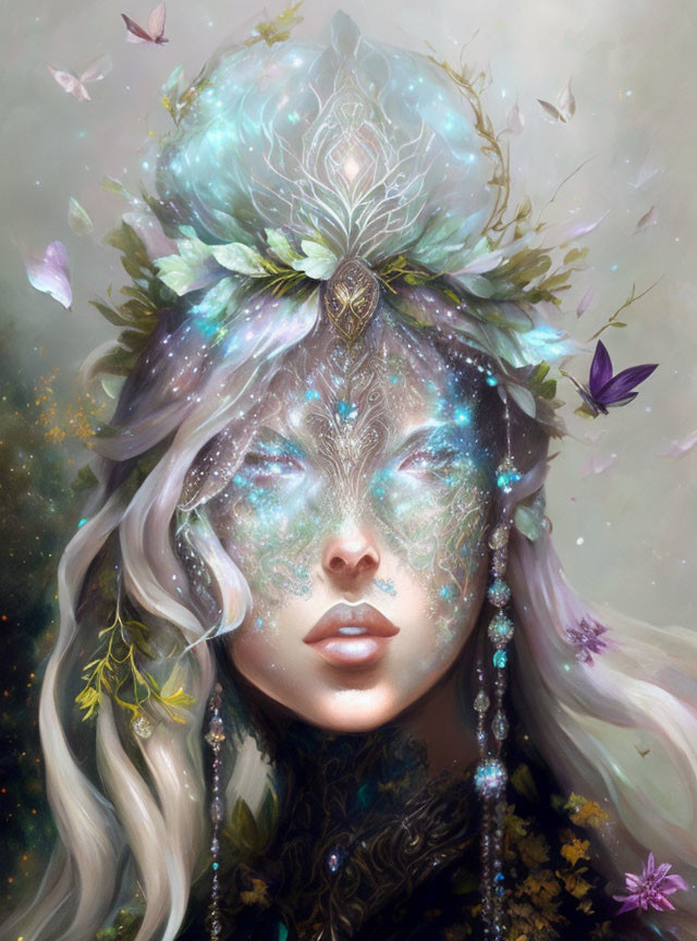 Fantasy illustration: Woman with glowing crown, butterflies, mystical aura in nature backdrop