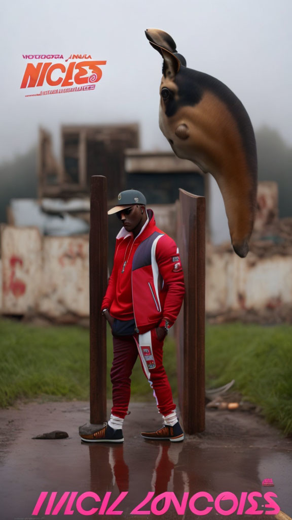 Person in Red and White Tracksuit Observing Airborne Dog in Rusty Setting