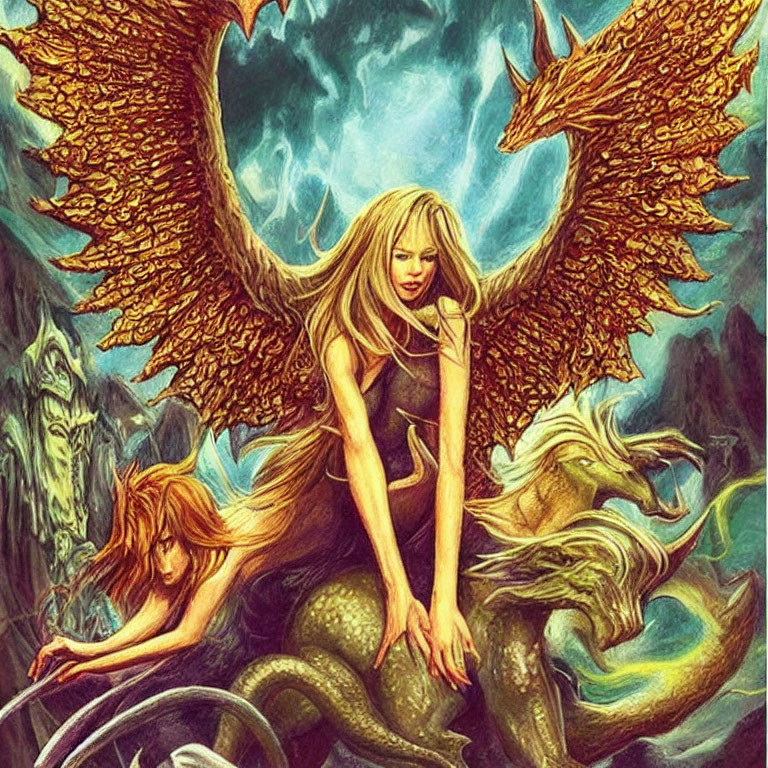 Fantastical winged woman and dragon-like creature in mystical forest.