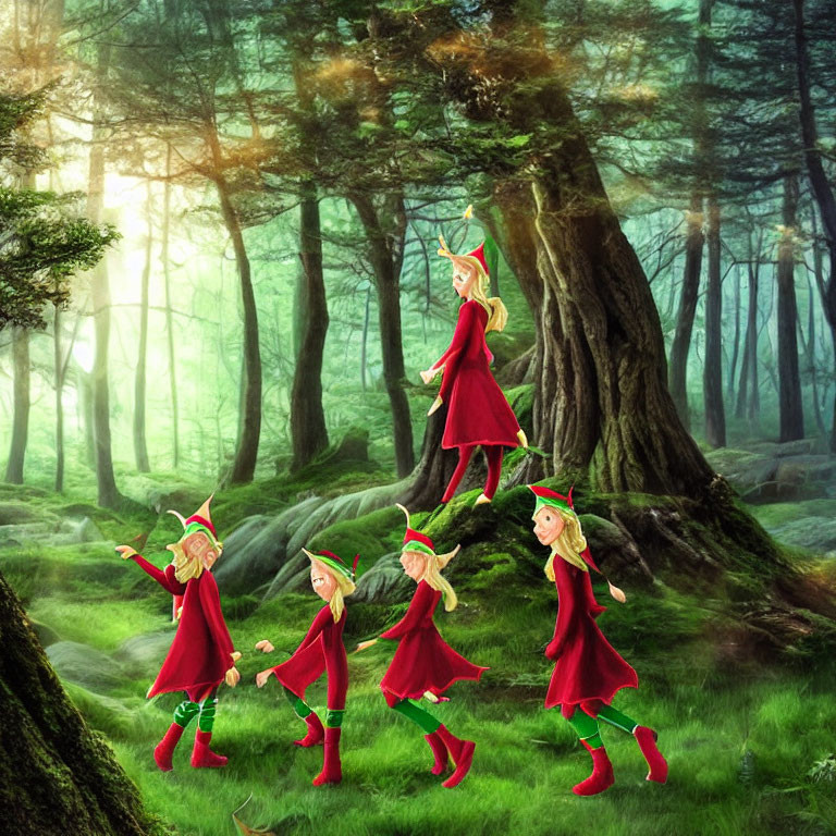 Illustrated female characters in red dresses and green hats dancing in enchanted forest