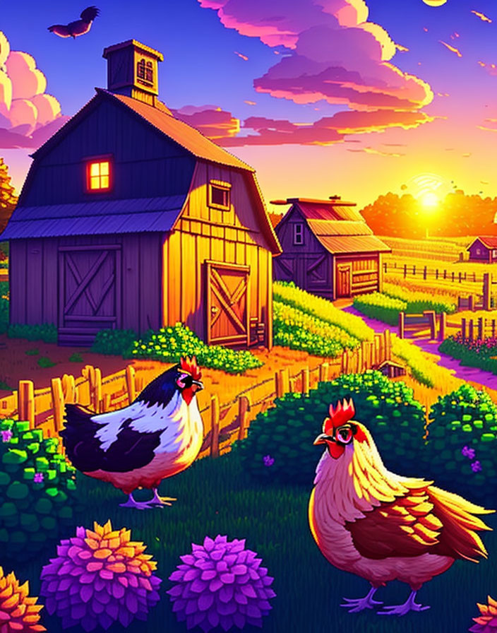 Colorful farm scene with chickens, barns, and sunset sky