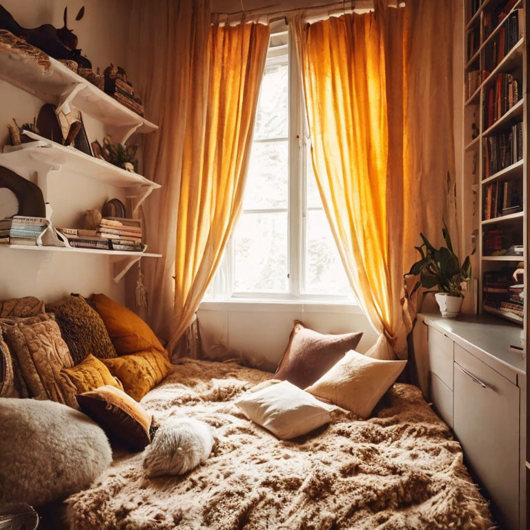 Warm and inviting room with amber curtains, bookshelves, plants, and fluffy bedding