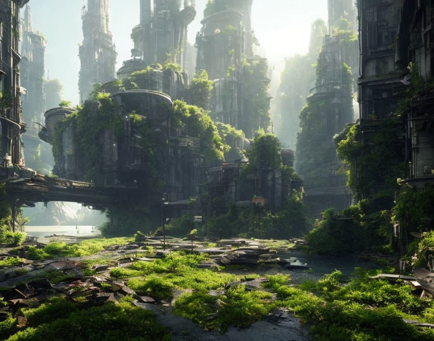 Overgrown greenery in serene post-apocalyptic scene