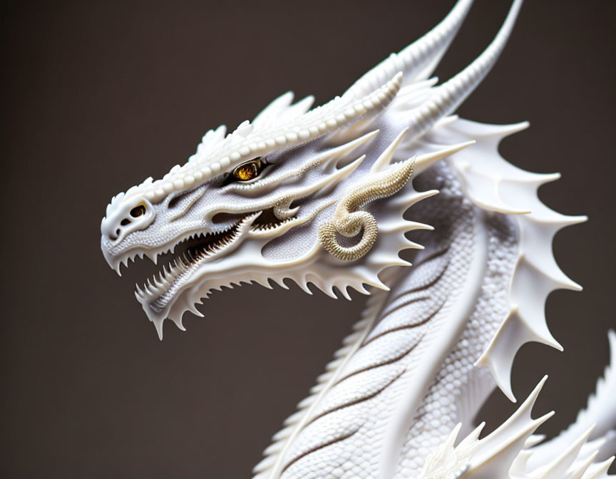 Detailed White Dragon Sculpture with Intricate Scales and Orange Eye