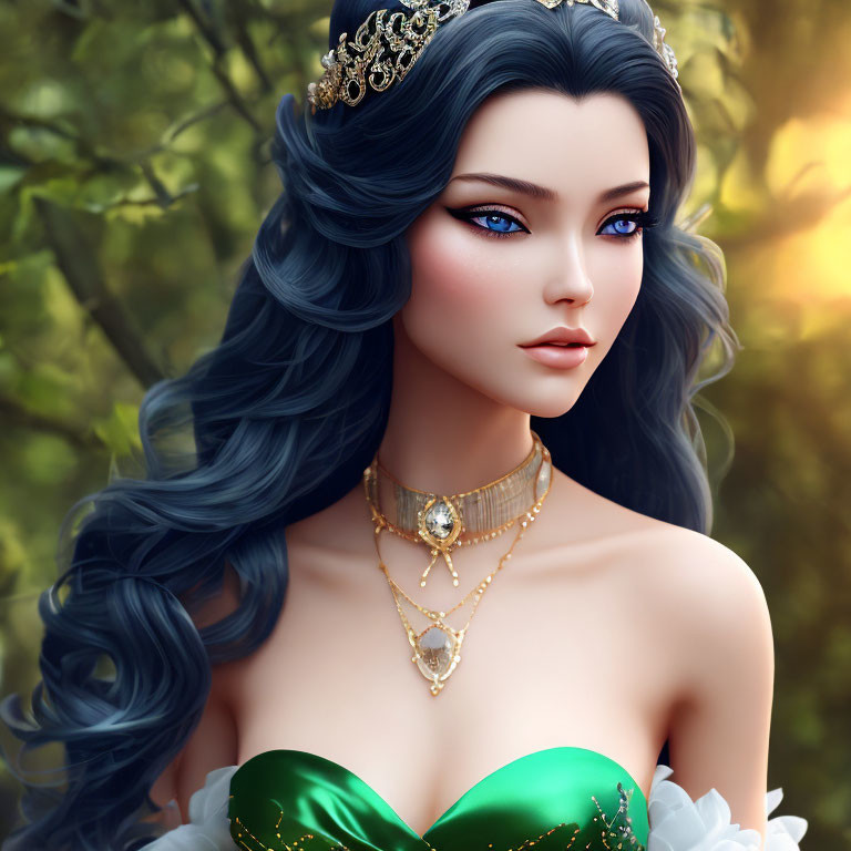 Animated character with vivid blue eyes, long wavy blue hair, crown, golden jewelry, green dress