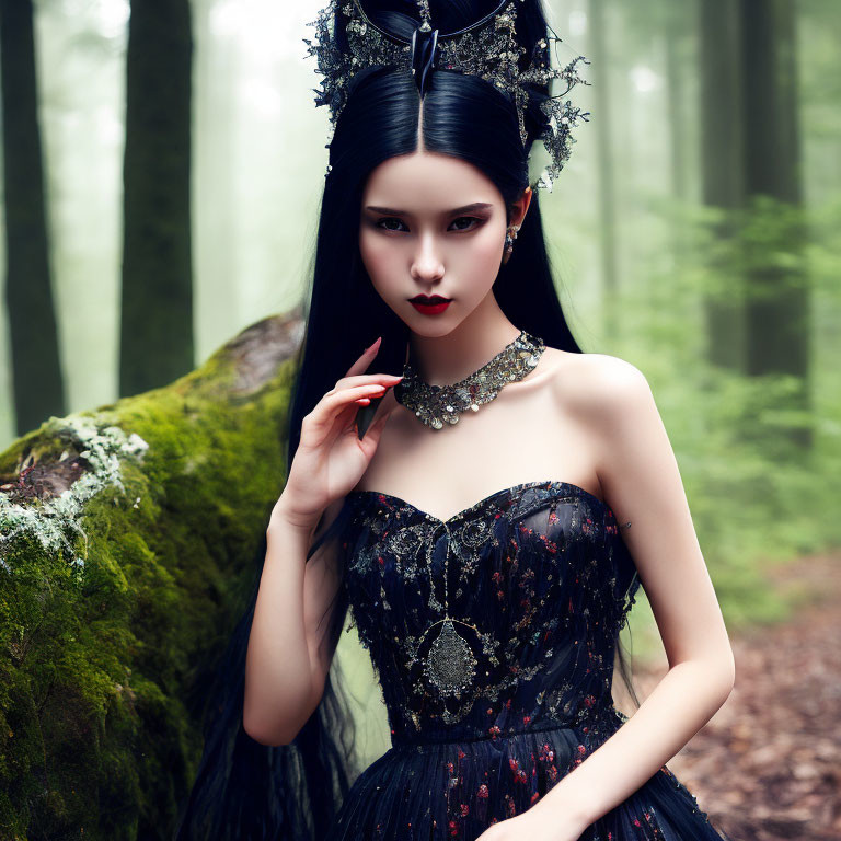 Dark-haired person in elaborate headdress and jeweled dress in misty forest