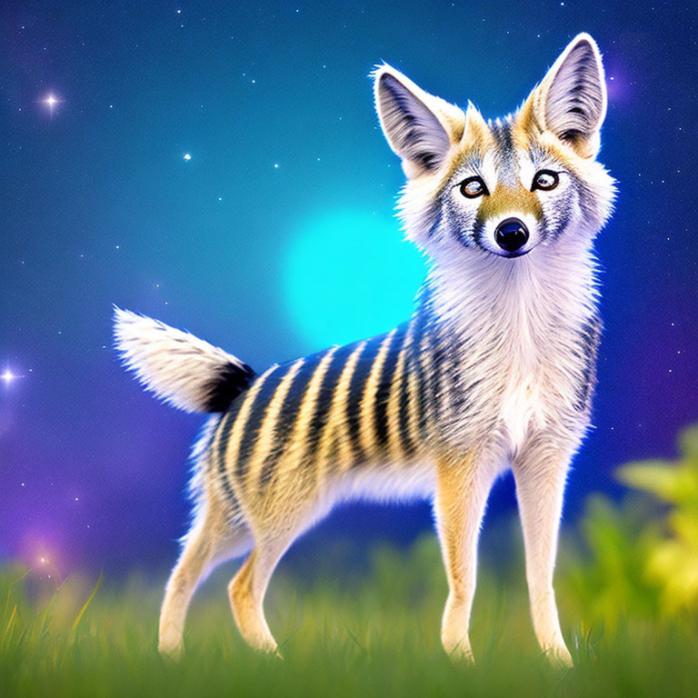 Anthropomorphic Striped Fox in Starry Night Landscape