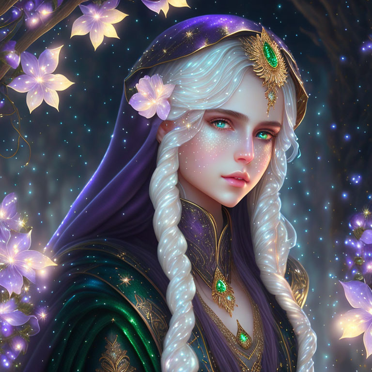 Fantasy illustration of a woman with braided hair, emerald eyes, jeweled headdress,