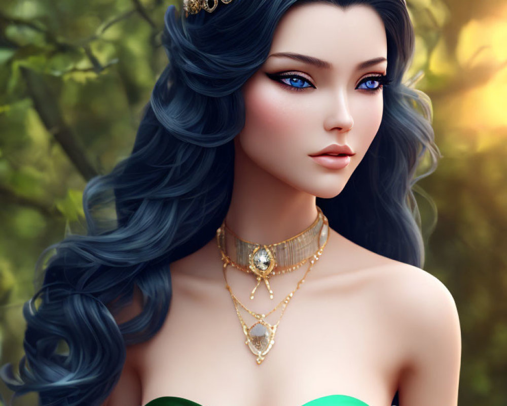 Animated character with vivid blue eyes, long wavy blue hair, crown, golden jewelry, green dress