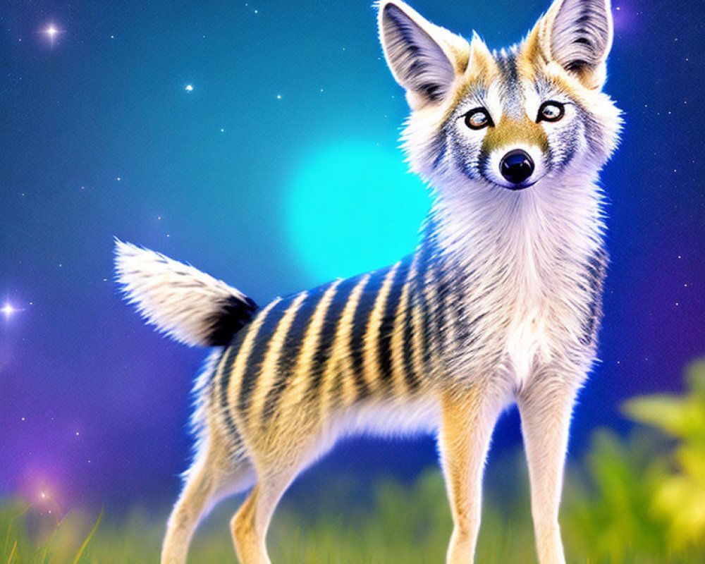 Anthropomorphic Striped Fox in Starry Night Landscape