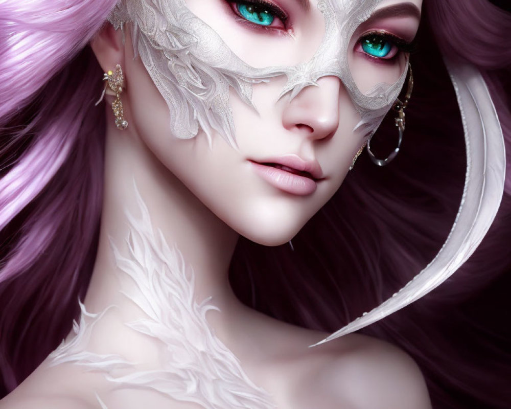 Digital Artwork: Woman with Pink Hair, Green Eyes, and White Feather Mask