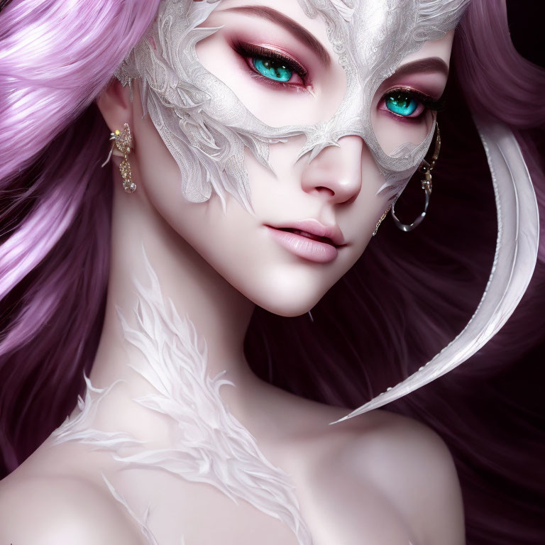 Digital Artwork: Woman with Pink Hair, Green Eyes, and White Feather Mask