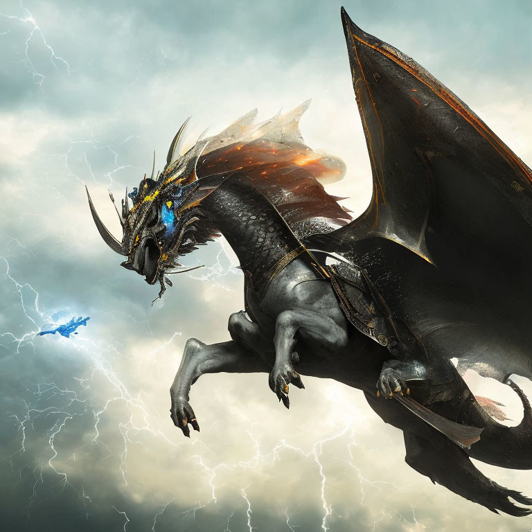 Black dragon with large wings and blue eyes in stormy sky with lightning.