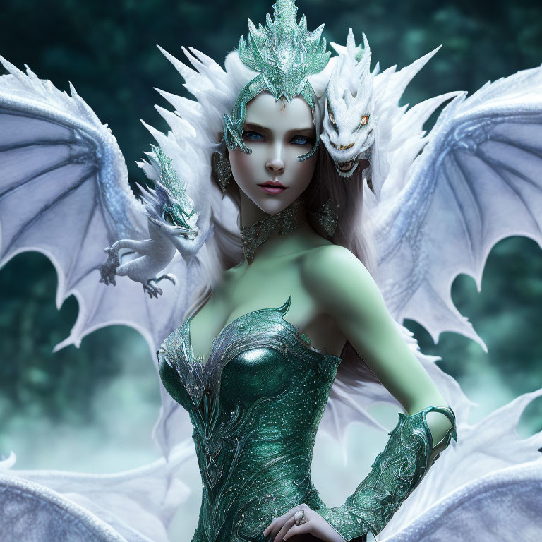 Fantasy image: Woman with dragon features, coronet, green dress, small dragon with white wings