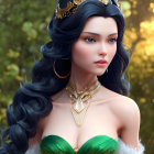 Animated character with vivid blue eyes, long wavy blue hair, crown, golden jewelry, green dress