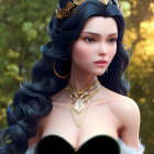 Digital portrait of woman with blue eyes, dark blue hair, gold crown, earrings, green outfit on