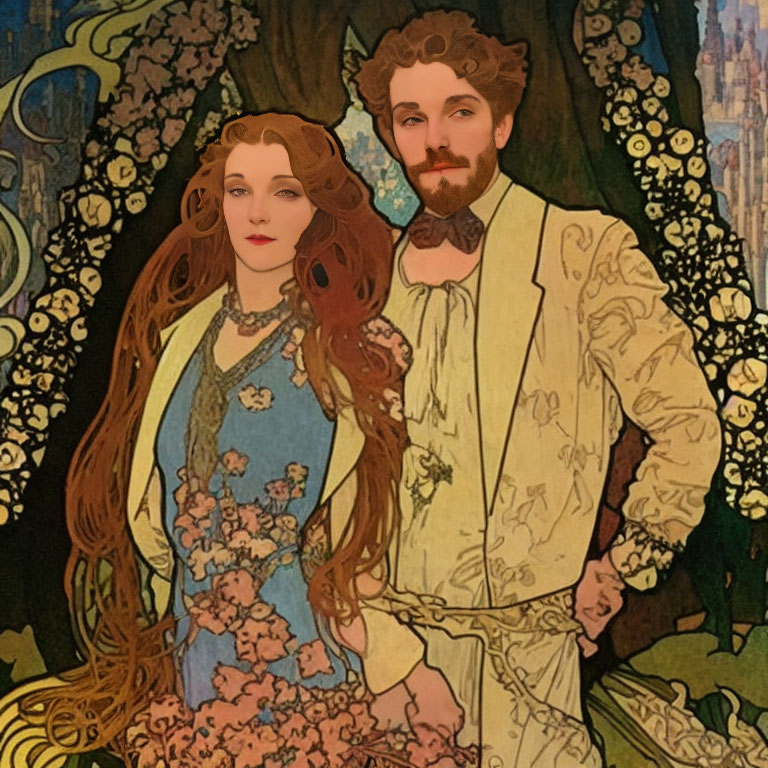 Man and woman in Art Nouveau style with flowing hair and elegant attire.