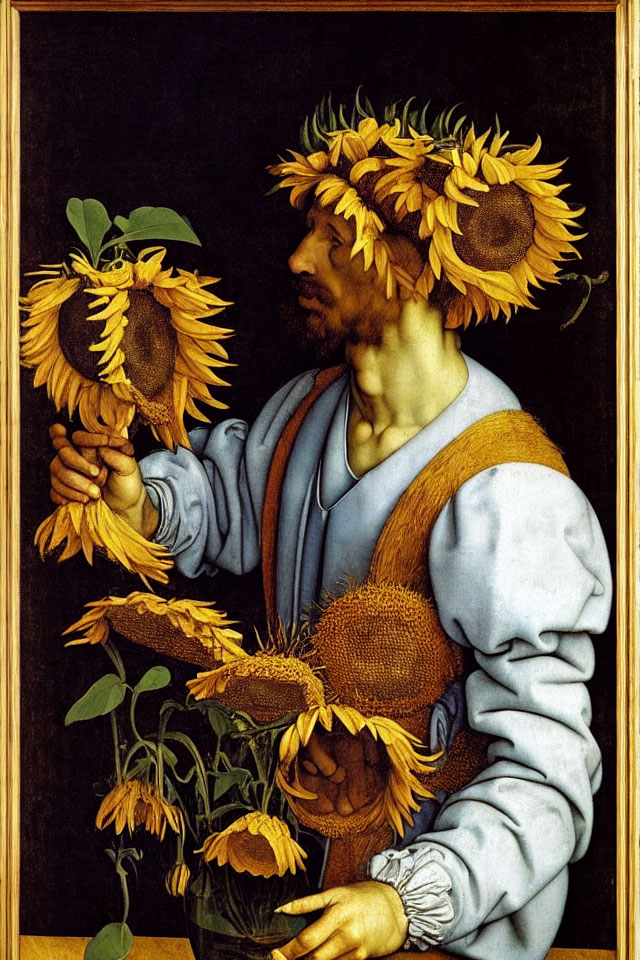 Bearded man with sunflower wreath holding large sunflower surrounded by more sunflowers