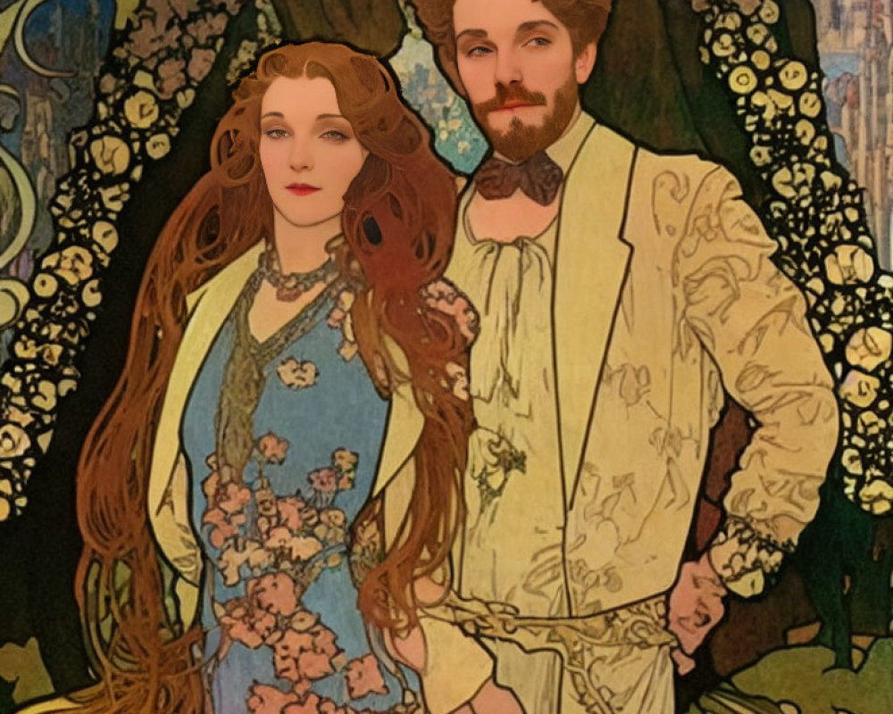 Man and woman in Art Nouveau style with flowing hair and elegant attire.