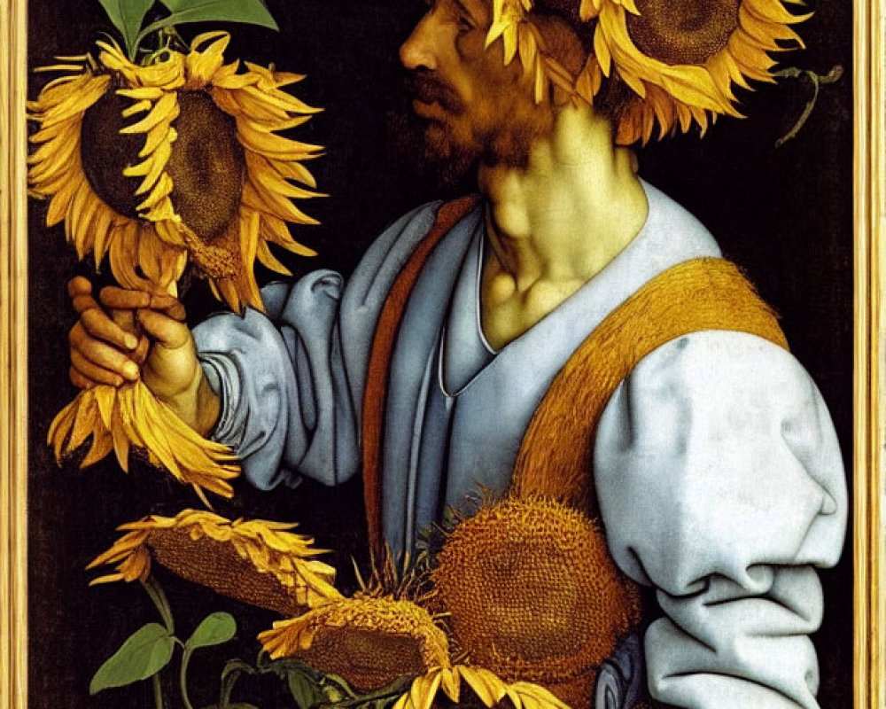 Bearded man with sunflower wreath holding large sunflower surrounded by more sunflowers