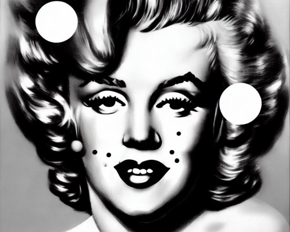 Monochrome pop art portrait of a woman with curly hair and bold makeup