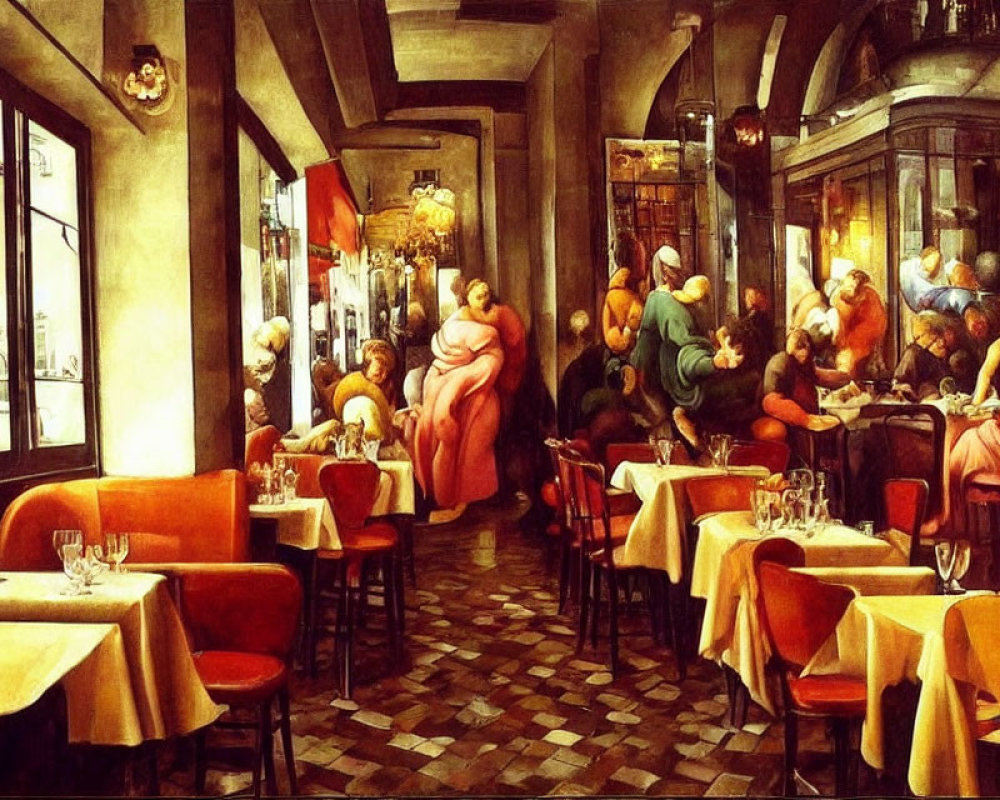 Bustling Cafe Interior with Renaissance-inspired Patrons and Warm Tones