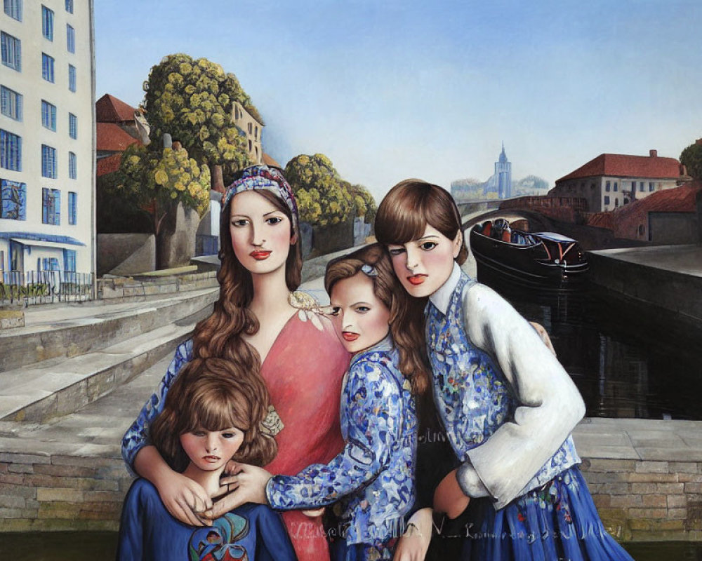 Vintage Style Painting of Four Women by Canal