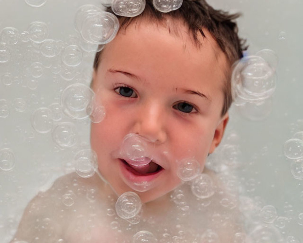 Child Bathing Surrounded by Soap Bubbles