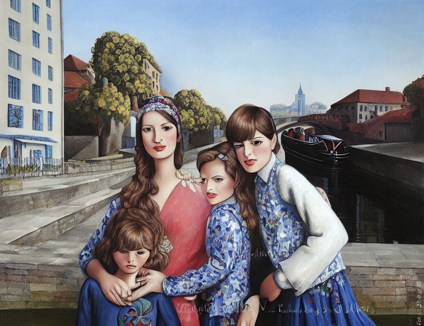 Vintage Style Painting of Four Women by Canal