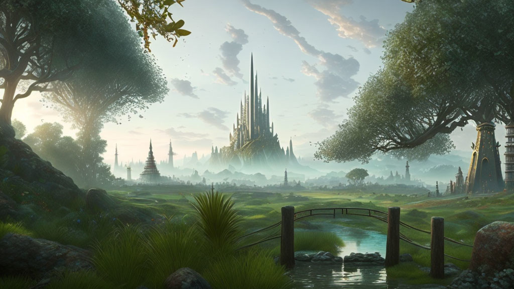 Fantasy landscape with castle, stream, tower, and greenery