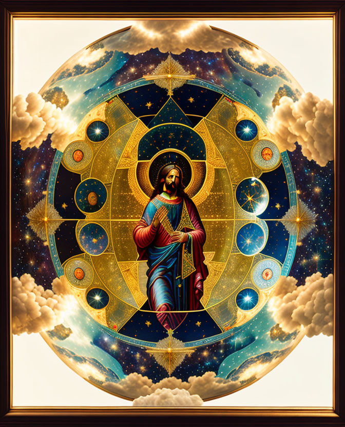 Religious and cosmic themed framed artwork with central figure and celestial elements