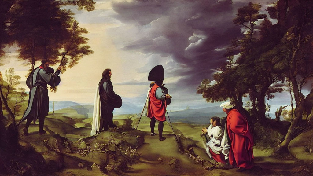 Five Figures in Landscape with Dramatic Clouds and Townscape