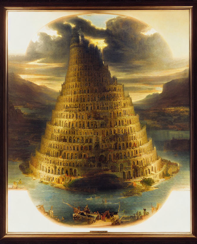 Tower of Babel oil painting with dark sky, boats, and sunlight