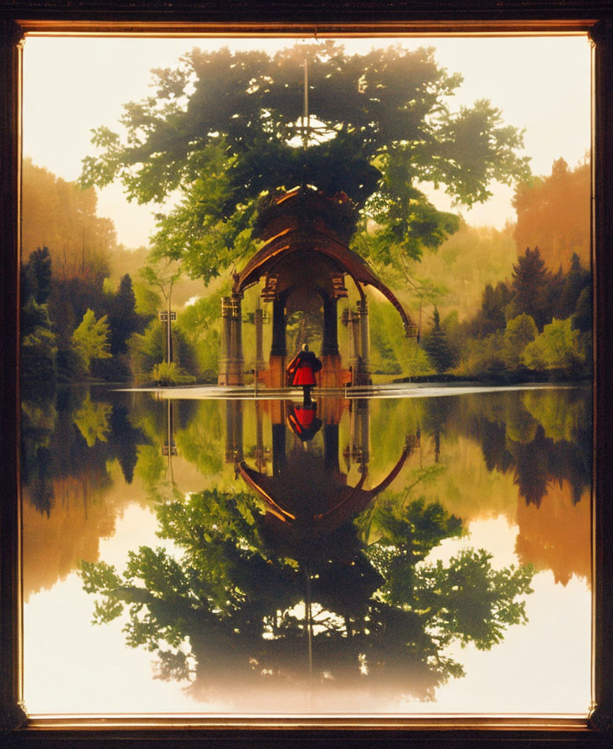 Symmetrical image of calm lake, trees, structure, person in red, in golden frame