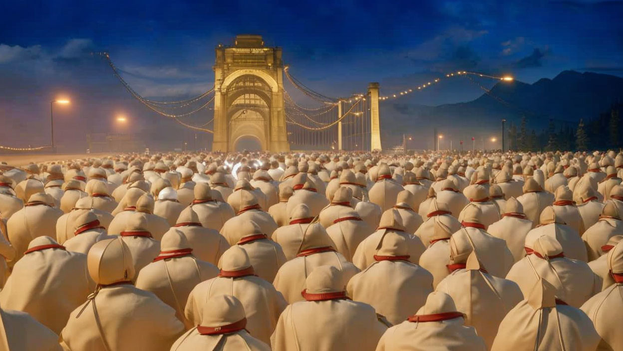 Crowd in white and red uniforms at suspension bridge dusk