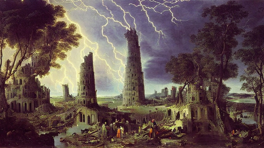 Dramatic painting of ancient tower ruins in stormy scene