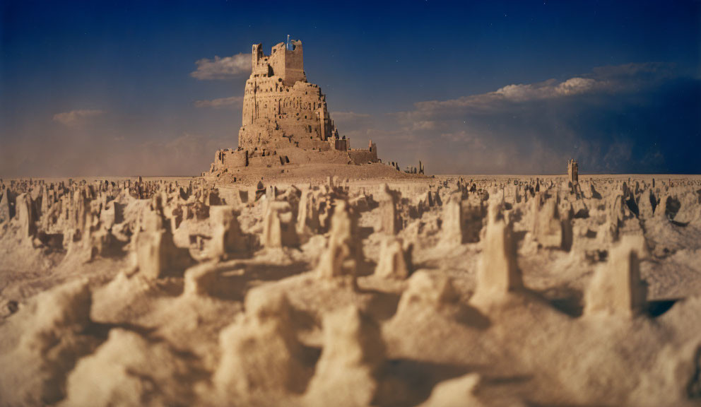 Detailed sandcastle in desert landscape with smaller structures under blue sky