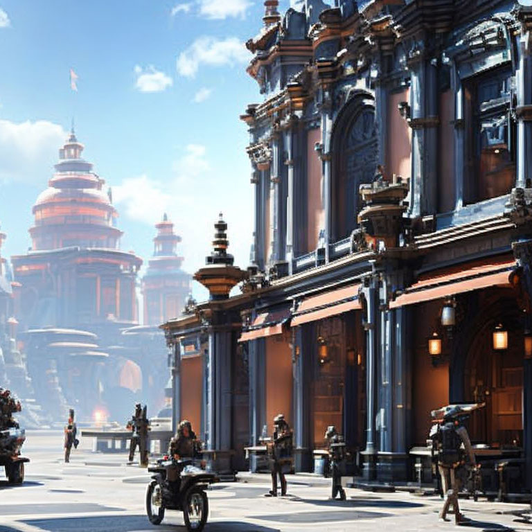 Futuristic cityscape with ornate buildings and hoverbikes