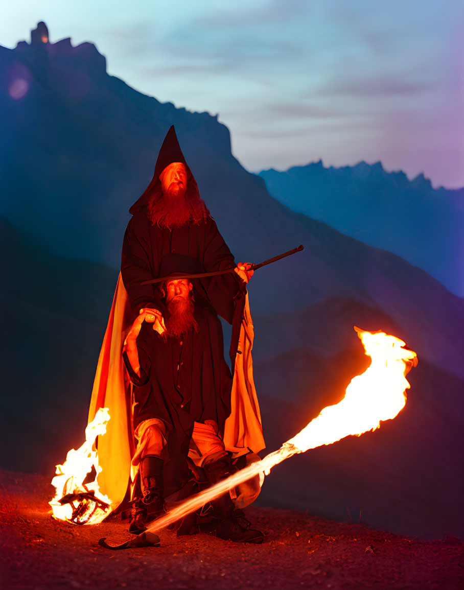 Two wizards on mountain at dusk: one with staff, one with flaming sword