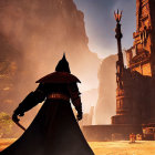 Mystical landscape with cloaked figure and flame-topped spire