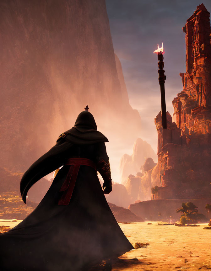 Mystical landscape with cloaked figure and flame-topped spire