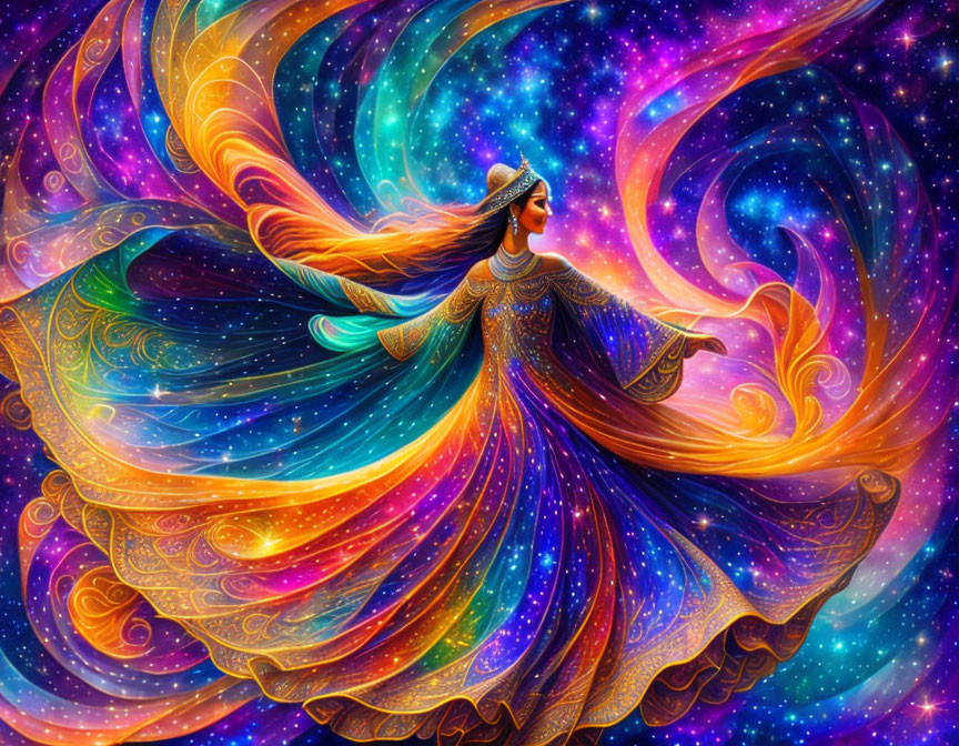 Colorful illustration of person in ornate garments dancing in cosmic background