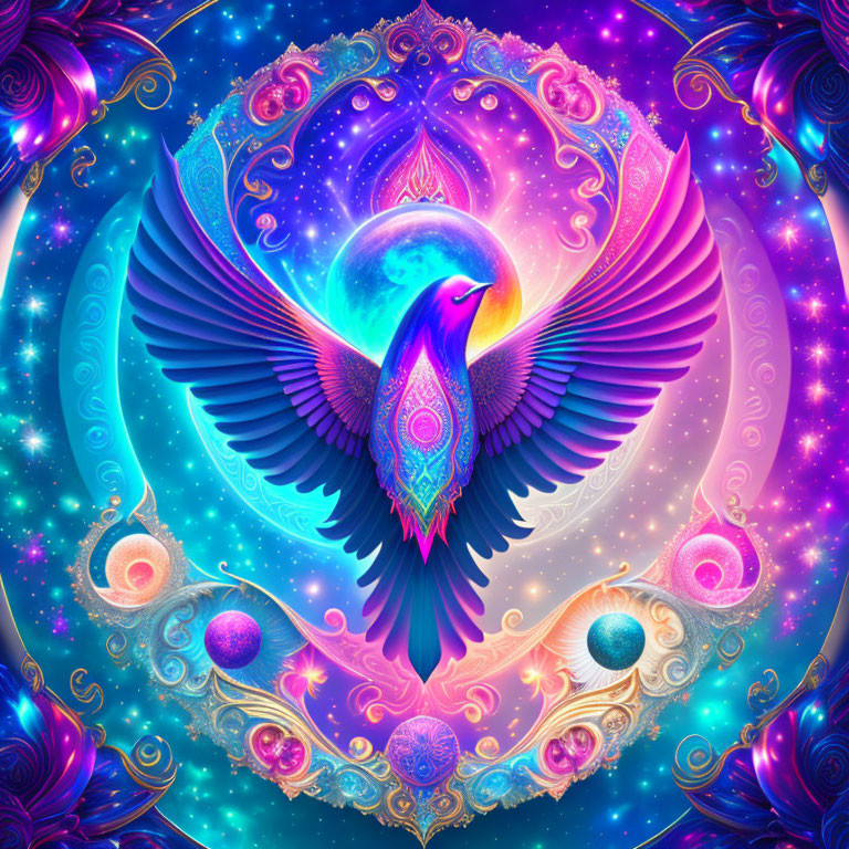 Colorful Phoenix Artwork with Celestial Motifs