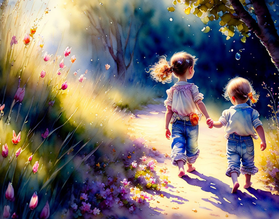 Children walking hand in hand through sunlit path with flowers and trees.