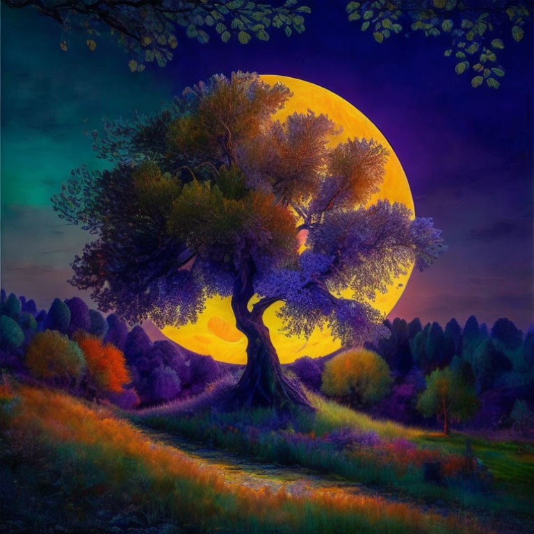 Colorful landscape with twisting tree under golden full moon