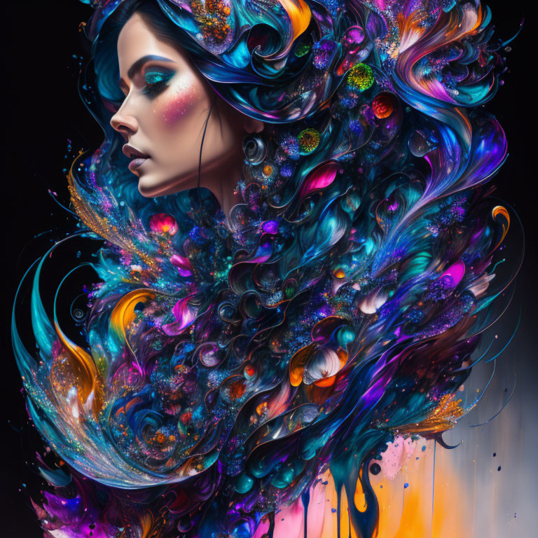 Colorful digital artwork: woman with cosmic hair swirls