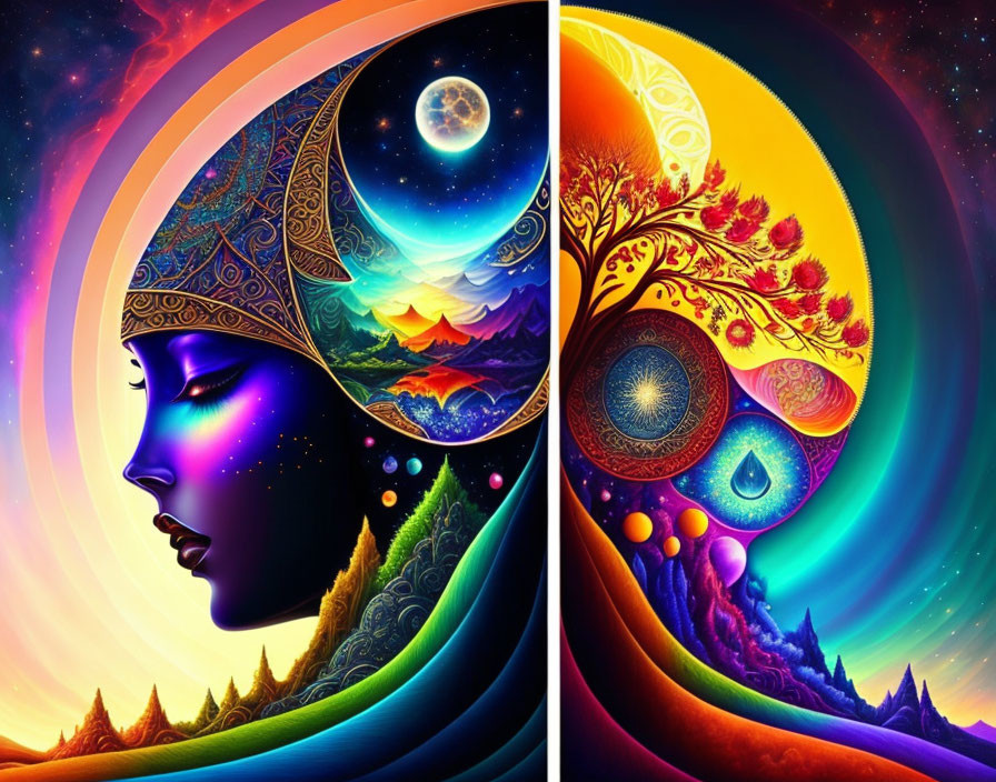 Digital art: Cosmic and natural themes in day-night cycle with celestial elements