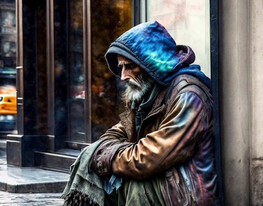 Bearded man in hooded jacket sitting on sidewalk with city backdrop.