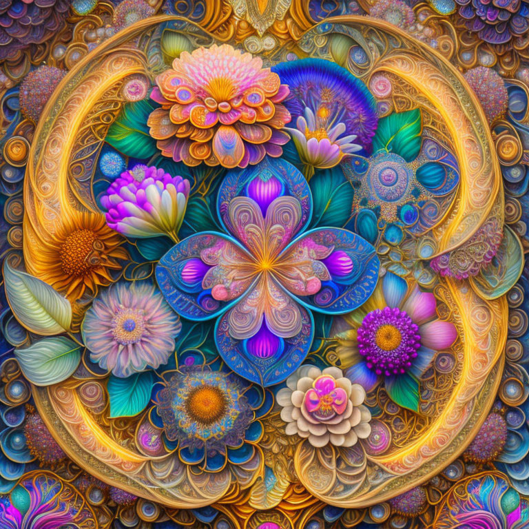 Colorful fractal-like floral patterns in mesmerizing design