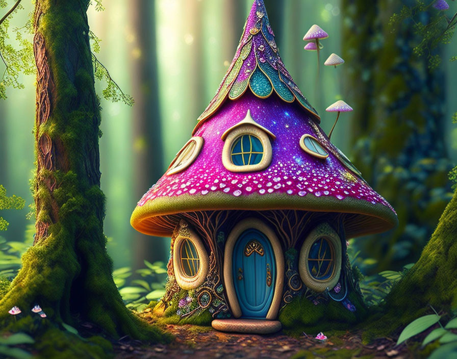 Colorful Mushroom House in Enchanted Forest with Blue Door